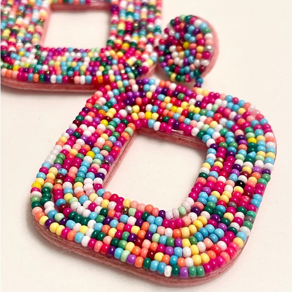 NEW ANTHROPOLOGIE Pink White Silver Bead Square Drop Stud Post Earrings Jewelry